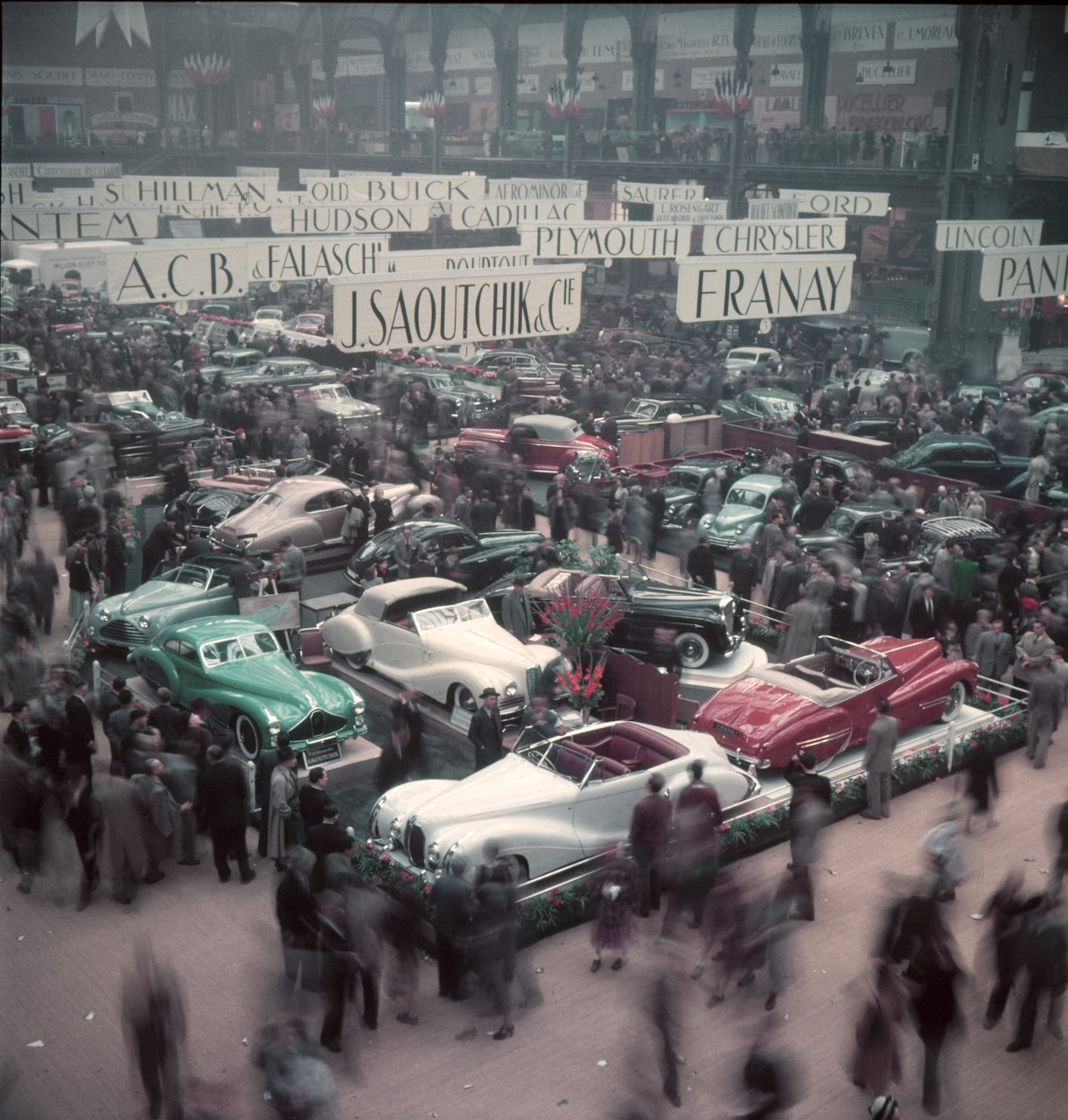 A view of the 35th Paris Motor Show, held at the Grand Palais, Paris, October 1948. The five exhibits in the foreground are cars with bodywork by French coachbuilders J Saoutchik and Franay. (Photo by Yale Joel/The LIFE Picture Collection/Getty Images)